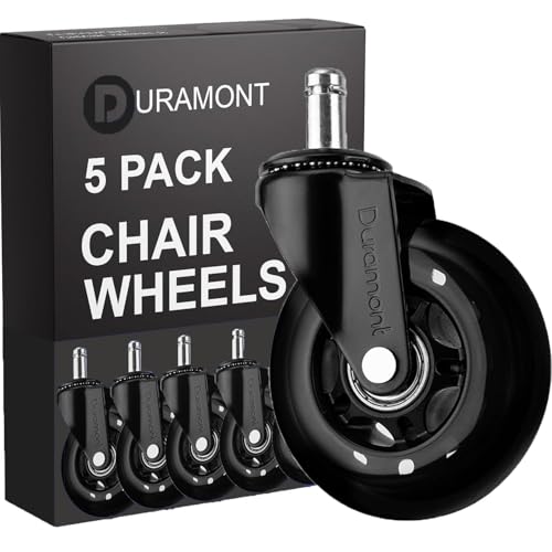 Duramont Black Office Chair Wheels - Set of 5 Universal Rubber Casters, Smooth & Quiet