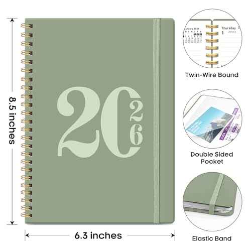 2026 Planner, Weekly and Monthly Calender Planner, Jan 2026 to Dec 2026, Hardcover 2026 Calendar Planner Book with Tabs & Inner Pocket, Office Home School Supplies for Women & Men - A5 (6.3" x 8.5"), Green