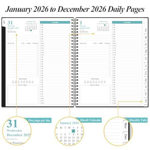 2026 Daily & Monthly Planner - One Page Per Day, Daily Planner from January 2026 - December 2026, Planner 2026 with 12 Monthly Tabs, 8.5" x 11", Black