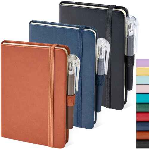 3 Pack Pocket Notebook Journals, Small Notepad Notebooks for Note Taking, A6 Mini Note pads with Pen Holder, 408 Lined Pages, 3.7" x 5.7", Black, Brown, Blue
