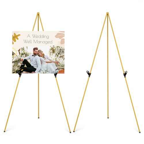 Display Artist Easel Stand - 63" Instant Tripod Collapsible Portable Floor Easel - Easy Folding Adjustable Art Poster Metal Stand for Display Show, Wedding, Painting - Gold