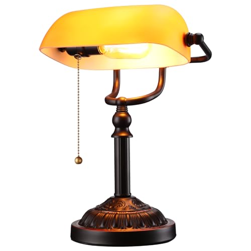 TORCHSTAR Bankers Desk Lamp with Pull Chain Switch, Amber Glass Shade Desk Lamps, Bronze Base, UL Listed, E26 Base, Vintage Library Lamp for Office, Study Room(Matted Orange)