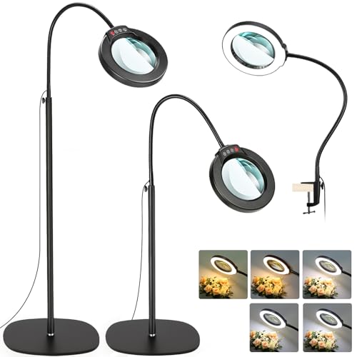 10X Magnifying Glass with Light and Stand, 24" Flexible Gooseneck 3-in-1 LED Floor Lamp, Optical-Grade Real Glass Lens, 5 Color Modes Stepless Dimmable, Lighted Magnifier Hands Free for Close Work