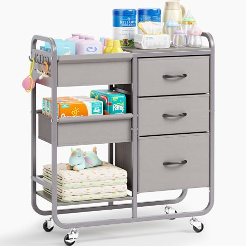 KINGRACK 3-Tier Baby Diaper Caddy Organizer with Metal Rolling Cart and Cloth Drawers