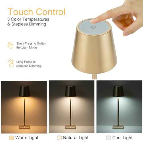 2 Pack Rechargeable Cordless Table Lamps, 5200mAh Battery Touch Table Light, Aluminum Shell Stepless Dimmable Portable LED Desk Lamp for Dinner/Restaurant/Outdoor Gold