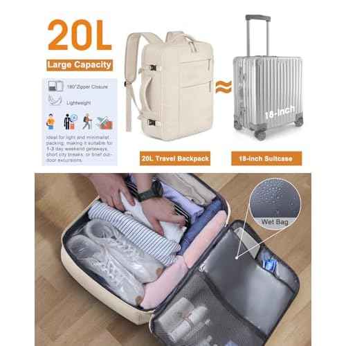 Capolo Travel Backpack for Women Men Waterproof Laptop Backpack Airlines Approved Carry On Backpack Bag Computer Bookbag for Business, Work, Traveling Fits 15.6 Inch Laptop(Beige)