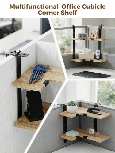 L-Shaped Wooden Cubicle Shelf - Adjustable Office Desk Organizer with Clamp