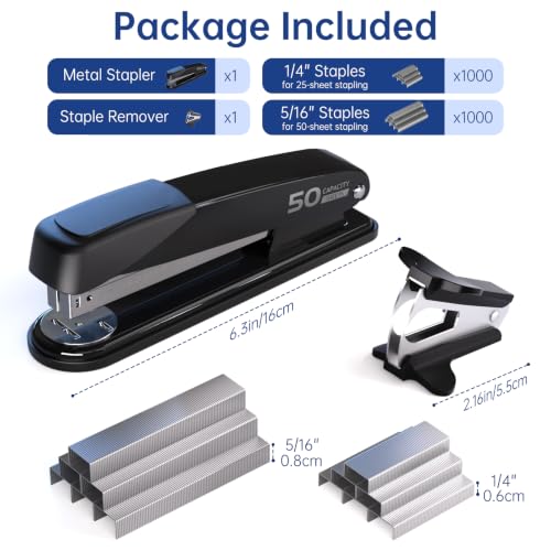 Jyumini Heavy Duty Metal Stapler Black, 50-Sheet Capacity with 2000 Staples & Remover