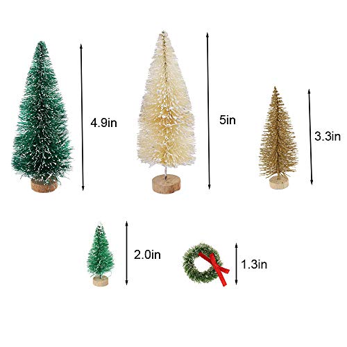 CCINEE 30 Pcs Miniature Frosted Bottle Brush Christmas Trees - 4 Sizes, Wooden Base, 12.5cm/8.5cm/6.5cm/4.5cm 1.3cm Wreath