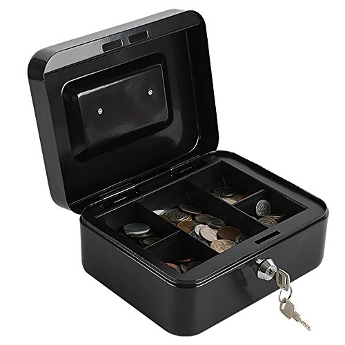 xydled Black Metal Cash Box with Key Lock, Medium Secure Storage for Coins & Bills