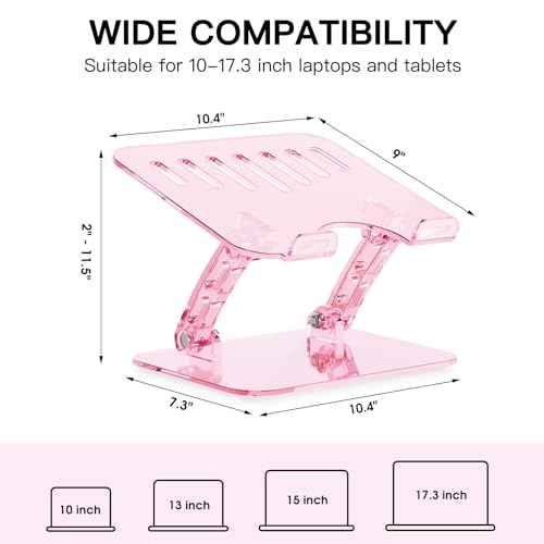 Pink Acrylic Adjustable Laptop Stand,Adjustable Height Foldable Laptop Riser for Desk, Clear Portable Laptop Holder Ergonomic Computer Stand,Compatible with 10-17.3¡± Laptops (Pink)