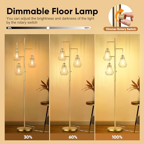 QiMH Industrial Floor Lamps for Living Room, Tree Standing Lamp with Stepless Dimmable, 68" Modern Tall Lamps for Bedroom Study Home Office, Rotary Switch, 3 LED Bulb Included, Gold