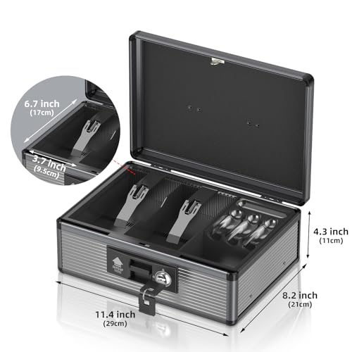Locking Cash Box with Money Tray and Key, Secure Money Safe Box for Cash, Portable Money Box with Bottom Storage Spaces, Money Saving Organizer (Black, Large)