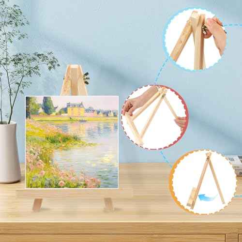 4PCS 9 Inch Wood Easels, Tripod, Painting Party Easel, Kids Student Tabletop Easels for Painting, Easel Stand for Painting Canvases, Portable Canvas Photo Picture Sign Holder.