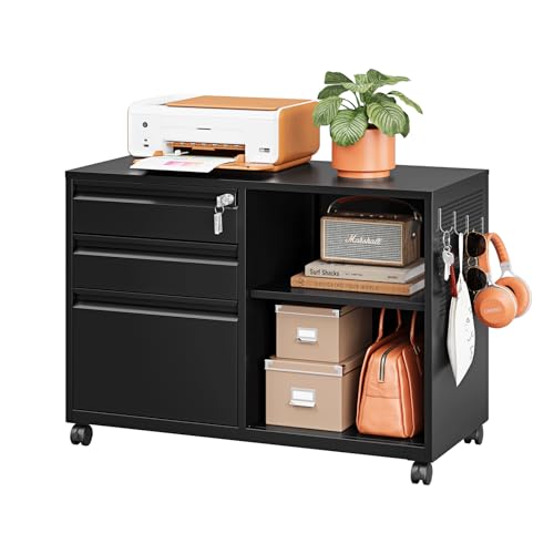 LISSIMO 3-Drawer File Cabinet with Lock, Mobile Lateral Filing Cabinet 34.5W x 24.4H x 15.8D (Black)
