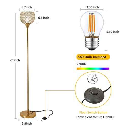 Spherical Crystal Floor Lamp, Gold 8.7 in Shade Elegant Standing Light with Crystal lamp Shade, Modern 61 in Tall Pole Lighting for Living Room, Bedroom, Office, E26 Base, LED Bulb Included