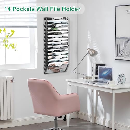 14-Pocket Wall File Organizer, Hanging Mail Organizer Wall Mounted Paper Document Holder, Metal Clipboard Storage Basket for Office Home School Organization, Black