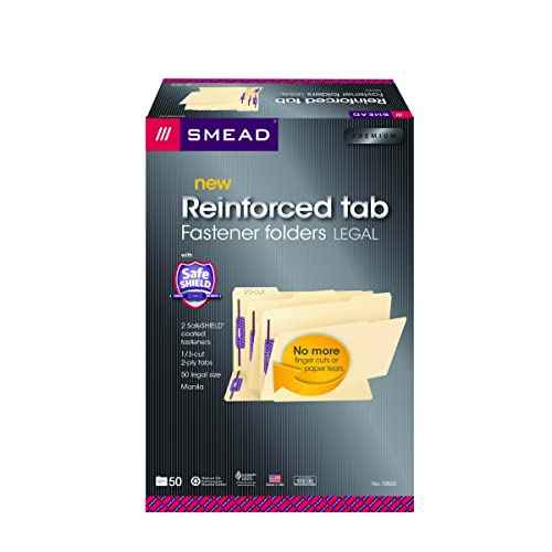 Smead Fastener File Folder with SafeSHIELD® Fasteners, 2 Fasteners, Reinforced 1/3-Cut Tab, Legal Size, Manila, 50 per Box (19555)