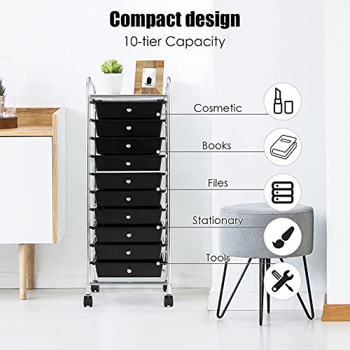 FUTADA 10-Drawer Rolling Storage Cart, Mobile Utility Cart, Multipurpose Storage Organizer with Lockable Casters (Black)