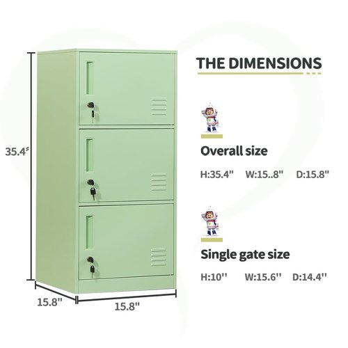DAYTOYS 3 Door Metal Vertical Storage Locker for Kids Bedroom, Children Room, School, Office, Home,Stackable Steel Storage Cabinet for Toys, Sports Equipment,Anti-Tilting Device. (3D, Green)