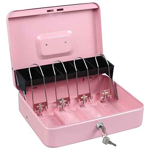 xydled Cash Box with Money Tray and Key Lock,Tiered, Cantilever Design,4 Bill / 5 Coin Slots,11.8" x 9.5" x 3.5",Pink