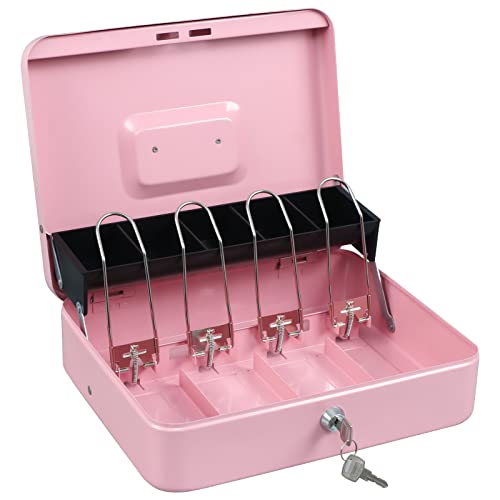 Pink Key Lock Cash Box with Secure Metal Storage for Coins & Bills
