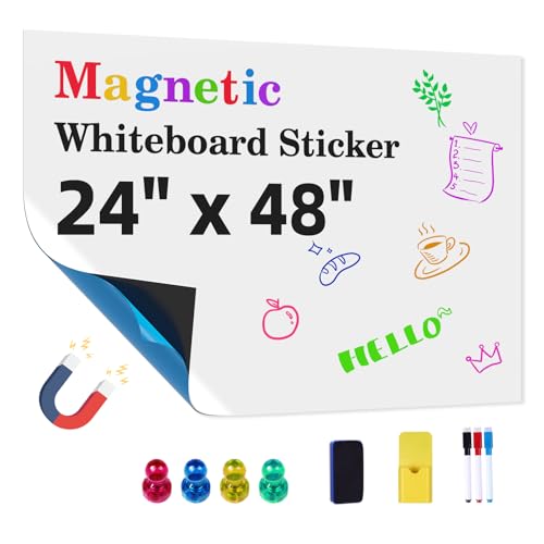 Magnetic Whiteboard Contact Paper 24" x 48" Peel and Stick Dry Erase White Board for Wall Self-Adhesive Decal Wallpaper Sticker for Office, Home, with Marker, Eraser and Magnet