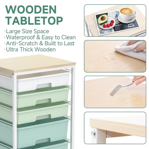 SYKIARIOL Light Green 5-Drawer Rolling Storage Cart with Wooden Top