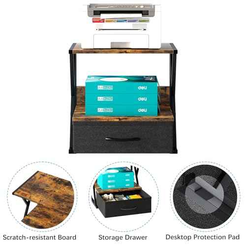 aboxoo Printer Stand for Desk with Storage Drawer, 2 Tier Desktop Or UnderDesk Shelf, Multi-Purpose Desk Organizer for Home Office, fit Fax Machine/3D Printer/Scanner, Rustic Brown