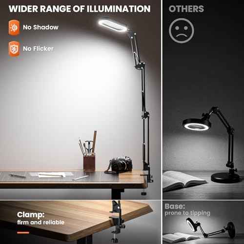 10X Rectangle Magnifying Glass with Light, 3 Arms 5 Color Modes Large Magnifying Glasses with Clamp, Lighted Desk Lamp Magnifier Hands Free for Crafts Jeweller Repair Painting Close Work Hobbies