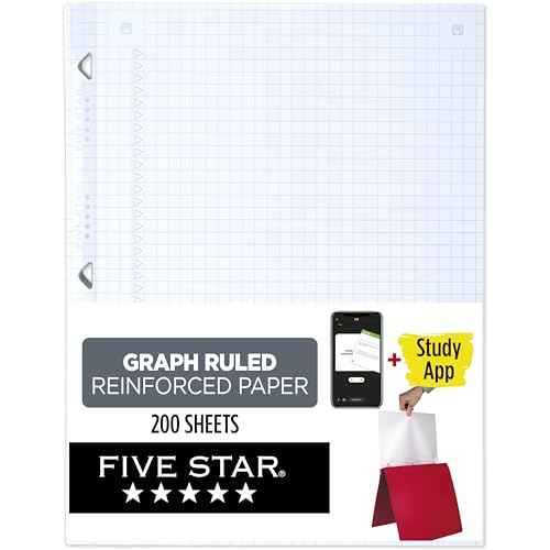 Five Star Loose Leaf Paper + Study App, Graph Ruled Filler Notebook Paper, Reinforced, Fights Ink Bleed, 8-1/2" x 11", 200 Sheets (170055-ECM)