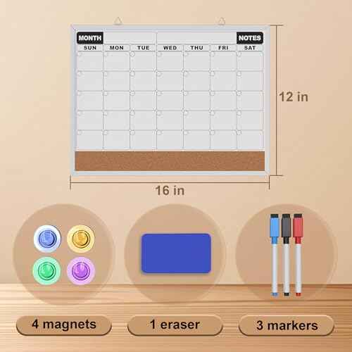Monthly Calendar Dry Erase Board 16x12 Inch, Double-Sided Whiteboard and Corkboard Combo, Wall Mounted Planner Organizer with Markers, Magnets, Push Pins, Eraser, for Home Office School
