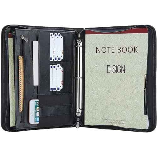 IVESIGN Zippered Padfolio Binder, Faux Leather Organizer with 3-Ring Binder, Left-Handed Design, Business Card Slots & Document Folders - Professional Padfolio for Office (Black)