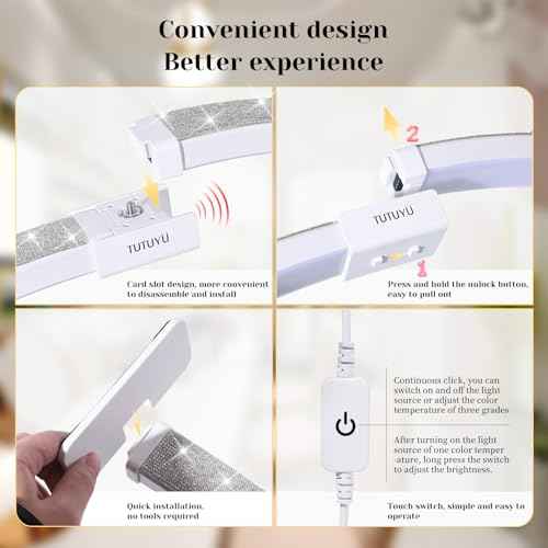 31.5 in Half Moon Light for Nail Desk, Lash Light for Eyelash Tech, Manicure, Makeup, Tattoo, Spa, Salon, Nail Tech Lamp with Stepless Dimming & Color, White Rhinestones