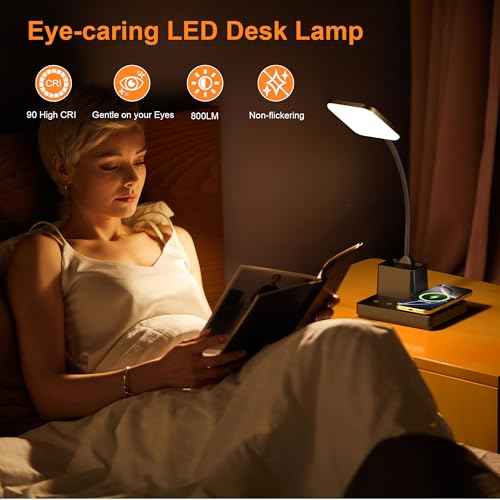 Sailstar Desk Lamp, Table Lamp with Wireless Charger & USB Port, 800LM CRI95 3 Color Modes Dimmable Touch 360¡ÆGooseneck Pen Holder, LED Desk Lamps for Home Office, College Dorm Room, Adapter Included