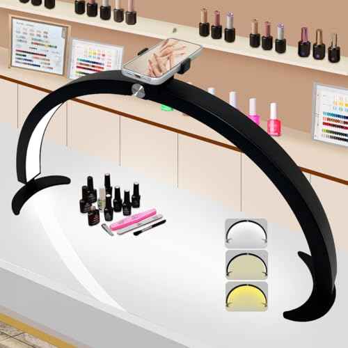 29in Half Moon Light for Nail Desk, Foldable Nail Light for Desk, Large LED Desk Lamp Professional Lash Lamp Adjustable Brightness with Phone Holder for Manicure,Drawing,Craft,Makeup,Tattoo(Black)