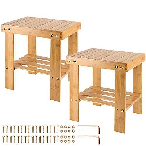 HOIGON 2 Pack 13 Inches Bamboo Step Stool, Bamboo Foot Stool with Storage Shelf, Non-Slip Stepping Stools for Home, Garden,Bathroom