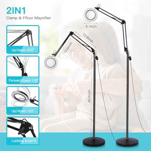 10X Magnifying Floor Lamp, 3-in-1 Hands Free Magnifying Glass with Light and Stand, 2 Color Modes with Clamp for Esthetician Facials Close Work Reading