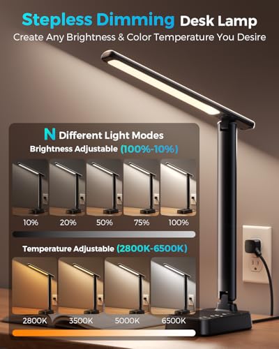 Sompaty Matte Black LED Desk Lamp with Power Strip, 3 AC Outlets, 4 USB Ports, Dimmable, 5FT