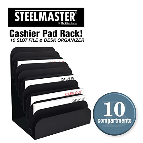 BankSupplies STEELMASTER Steel Cashier Pad Rack - 10 Slot File & Desk Organizer - Paper Organizer - Black Powder Coat Finish - Scratch & Chip-Resistant - Forms, Applications, Deposit Slips & Checks