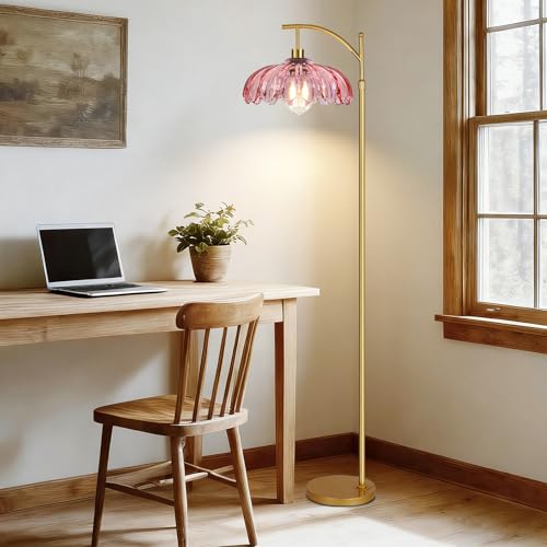 QIYIZM Pink Floor Lamp 4 - Dimmable Tall Arc Lamp with Remote & Adjustable Height, Mid Century Modern Boho Brass Lighting for Living Room & Bedroom