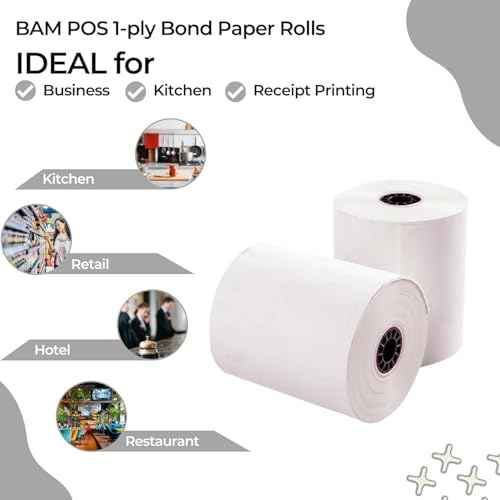 BAM POS 3" x 150' 1ply Bond Receipt Paper Rolls for Kitchen Impact Printers TMU200 SRP275 Star SP700 Suitable For Printing Kitchen Tickets and Order Receipts (24 Rolls Per Case)