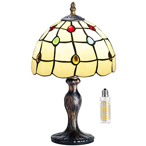 MIAOKE Stained Glass Table Lamp,Stained Glass Crystal Bead Style Table Light,Handmade Desk Bedside Night Light,Antique Art Craft Gifts Living Room Bedroom Bookcase(Phoenix Tail Pearl)