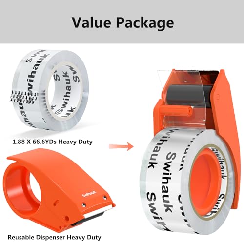 Swihauk 1.88 in x 66.6 YDs Heavy Duty Packing Tape with Dispenser,