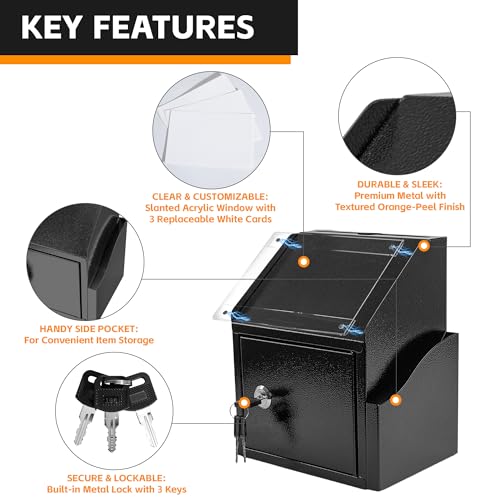 Black Suggestion Box with Lock and Slot - Wall-Mounted or Countertop Donation & Comment Box