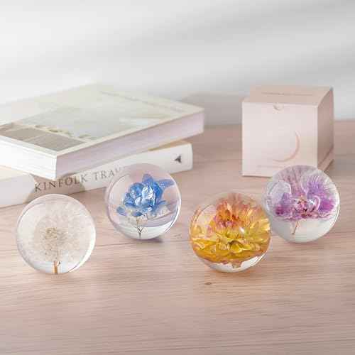 Real Dandelion Paperweight - Home Decor Crystal Resin Ball 3.14in (80mm) - Clear Resin Dandelion Flower Globe for Special Days - Sphere Figurine Office Paperweight w/Flat Bottom