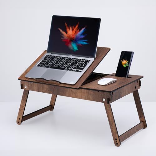 Foldable Lap Desk for Laptop Tray for Bed, Adjustable Laptop Stand, Notebook Folding Table with Storage, Bed Desk for Lap top and Writing, Portable Study Table, Walnut Lapdesk