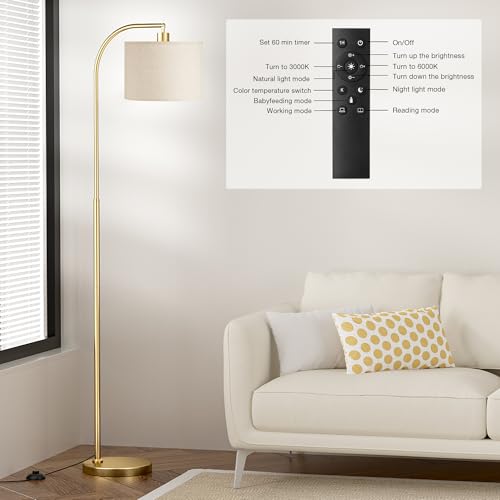 Arc Floor Lamp with Remote and Stepless Dimmable Bulb, Colors Temperature & Brightness Adjustable, Gold Floor Lamps for Living Room£¨Deep Beige Shade & Gold Pole£©
