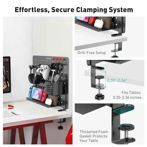 Clamp-on Desk Pegboard, Steel Desktop Organizer Magnetic Metal Peg Board for Gaming & Office, Standing Desk Accessories, No-Drill (Black)