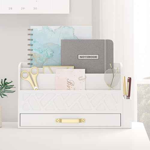 Wooden Desk Organizer,Desktop Organizer File Sorter for Office Supplies, Mail Organizer with Drawer,Desk Accessories & Workspace Organizers for Women £¨White£©